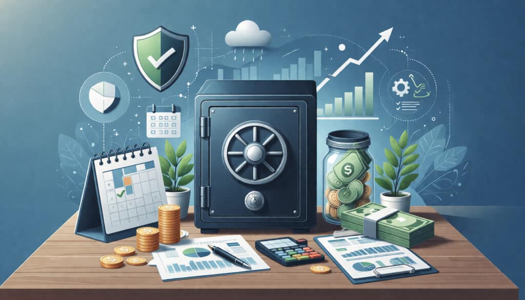 Illustration of a secure financial reserve system with a safe, cash, coins, and business analytics charts representing rolling reserves and risk management in payment processing