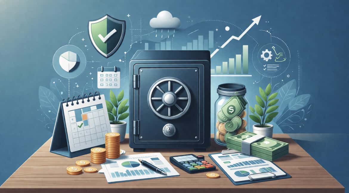Illustration of a secure financial reserve system with a safe, cash, coins, and business analytics charts representing rolling reserves and risk management in payment processing