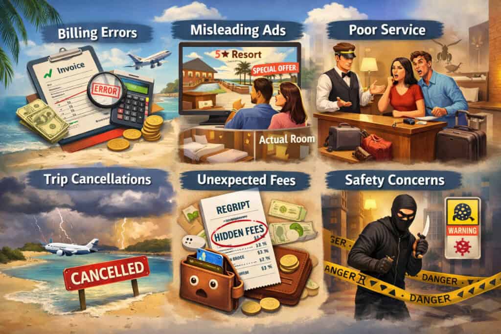 Illustration of common reasons travelers dispute expensive vacation charges, including billing errors, misleading hotel ads, poor customer service, trip cancellations, hidden fees, and safety concerns during travel
