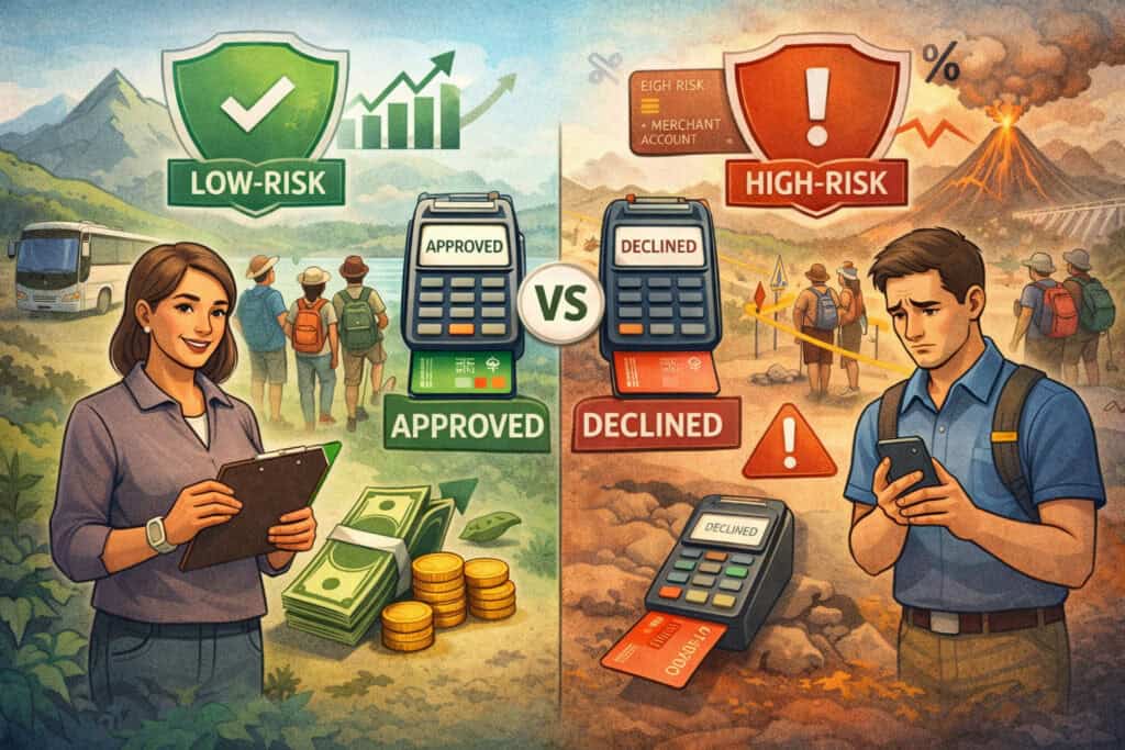 Visual comparison of low-risk vs high-risk merchant accounts for tour operators, depicting smooth payment approvals and stable tourism operations on one side and declined transactions with travel-related risks on the other