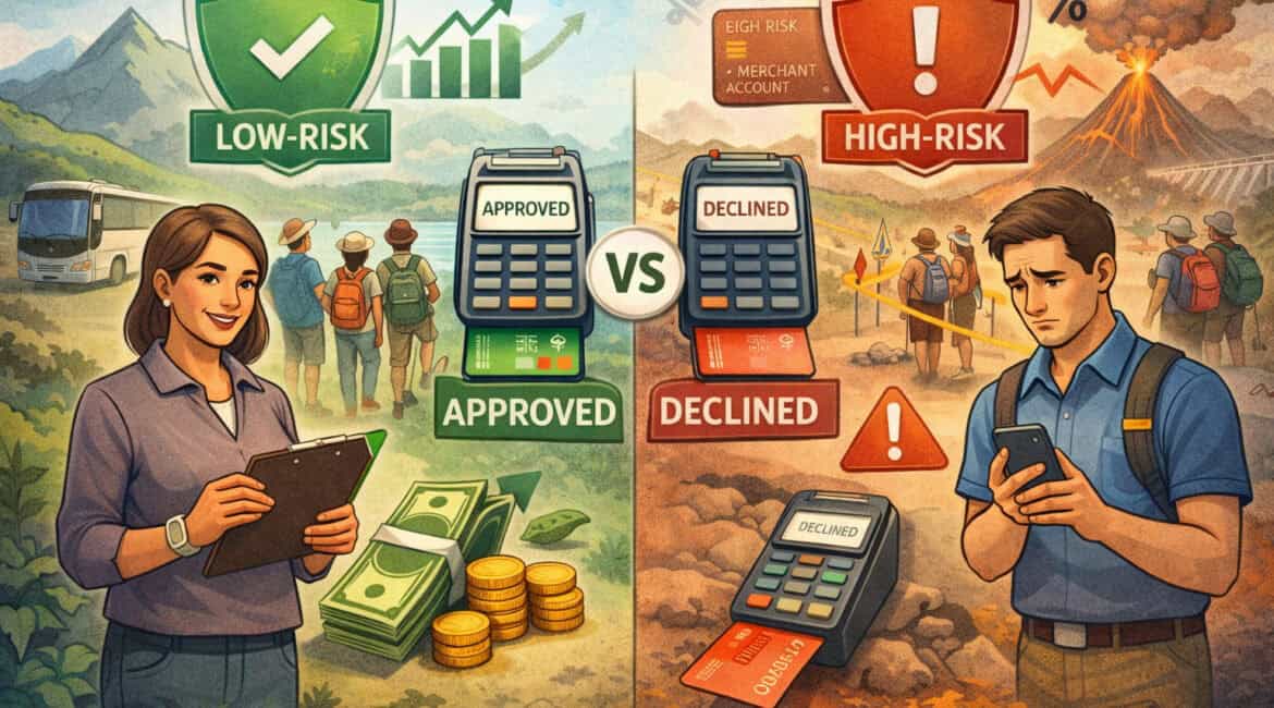 Visual comparison of low-risk vs high-risk merchant accounts for tour operators, depicting smooth payment approvals and stable tourism operations on one side and declined transactions with travel-related risks on the other