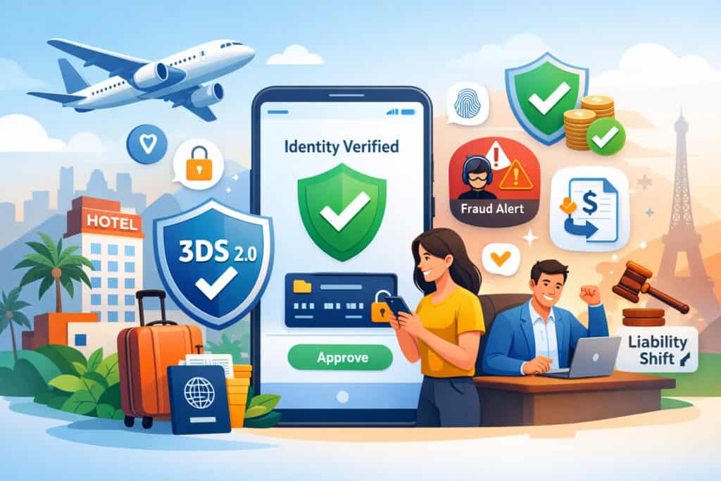 3D Secure 2.0 authentication illustration with travel booking, airplane, hotel, mobile verification, and fraud protection icons representing reduced liability for travel merchants