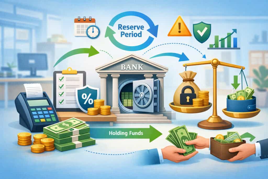 Rolling reserve payment processing illustration showing funds held by bank, reserve period cycle, transaction flow, and payout balance with POS system and financial icons