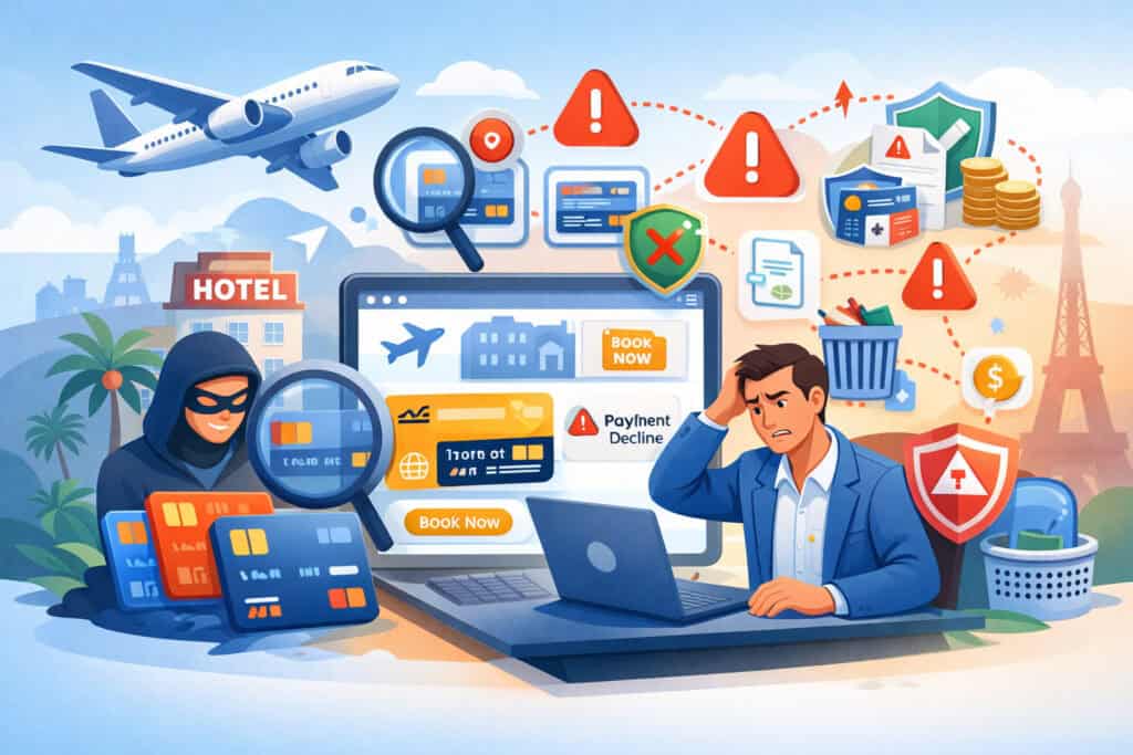 Illustration of card testing fraud on a travel booking website with hacker, multiple credit cards, payment declines, and warning security icons