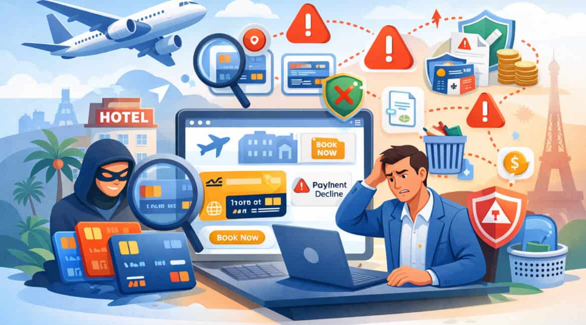 Illustration of card testing fraud on a travel booking website with hacker, multiple credit cards, payment declines, and warning security icons