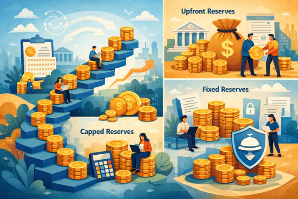 Illustration comparing rolling reserves, upfront reserves, fixed reserves, and capped reserves with financial icons, coins, and business elements in a modern fintech style