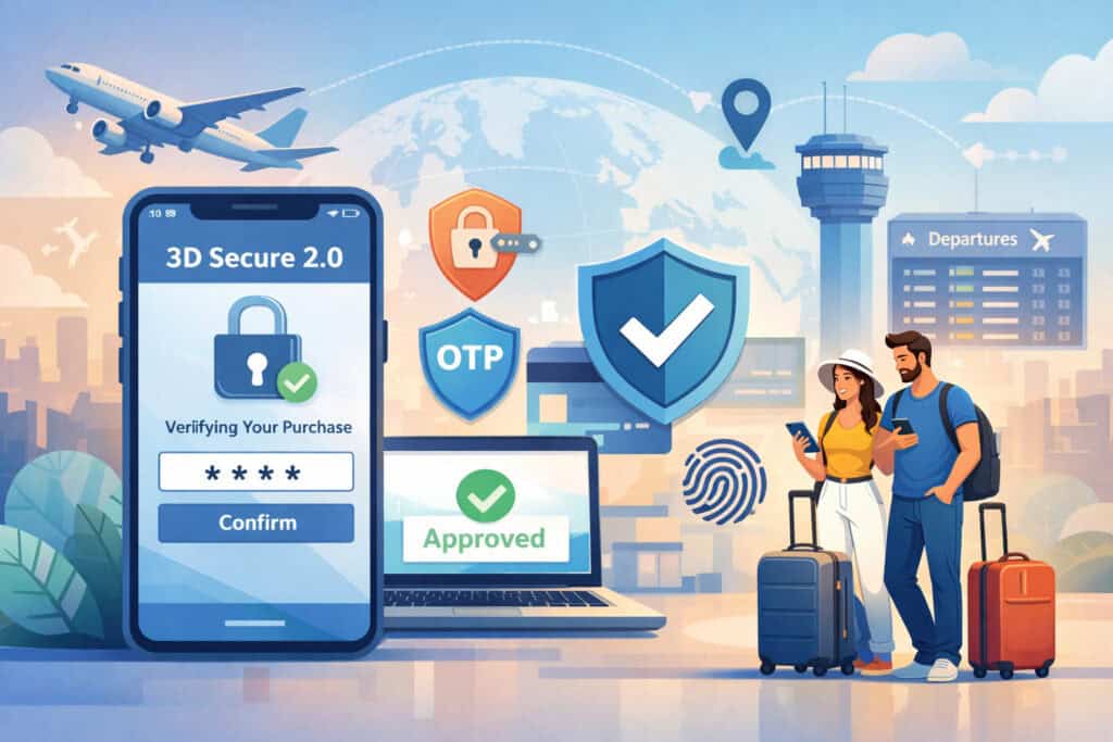 Secure 3D Secure 2.0 authentication process for travel payments showing smartphone verification, security shields, and travelers at airport with airplane in background