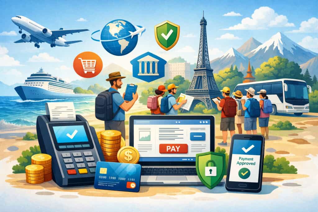 Illustration of a tour operator processing secure online payments with a merchant account, featuring travel elements, POS terminal, credit card, and booking technology