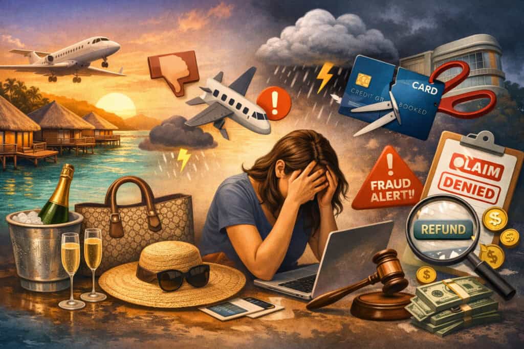 Luxury travel buyer’s remorse concept showing a stressed traveler with laptop, tropical vacation scene contrasted with credit card dispute, refund, and fraud warning icons