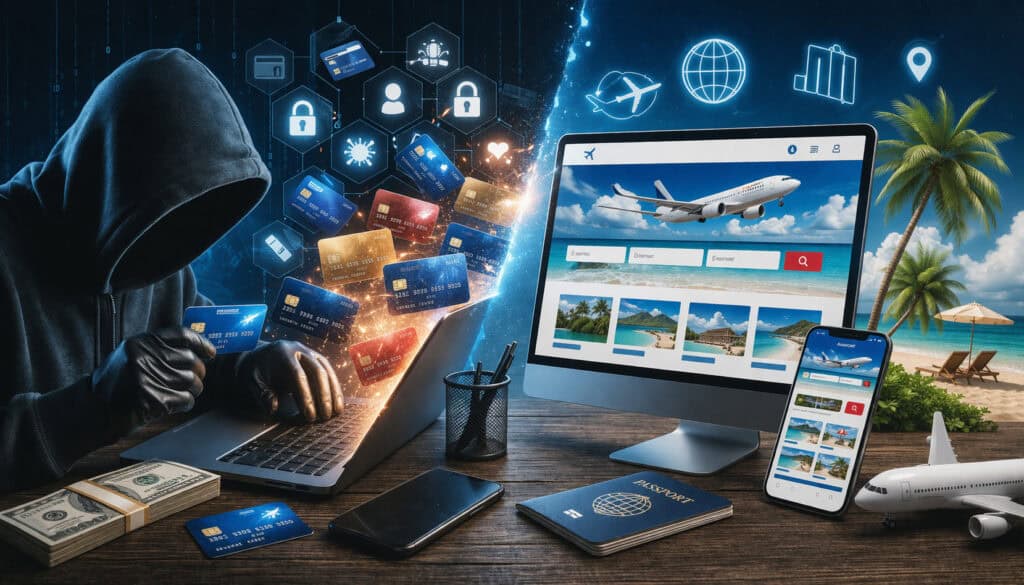 Cybercriminal performing card testing attacks on a travel booking website with digital payment icons, airline and hotel visuals, and security alerts in a dark cyber environment