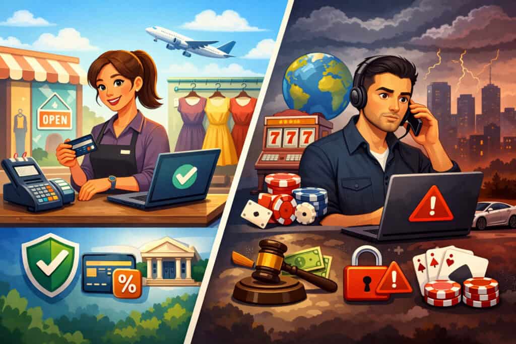 Illustration comparing low-risk and high-risk merchant accounts with a stable retail business on one side and a stressed high-risk business environment with financial and compliance challenges on the other