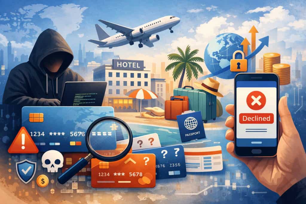 Card testing fraud in travel payments showing hacker, credit cards, airplane, hotel booking, and declined transaction on mobile phone