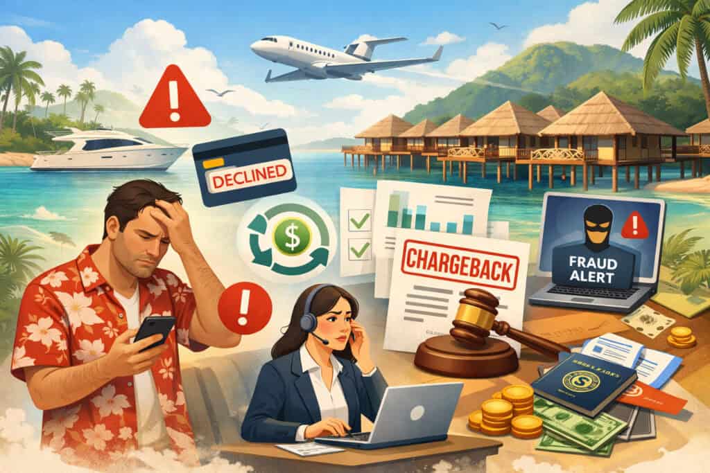 Luxury vacation chargeback risk illustration showing distressed traveler, resort backdrop, fraud alerts, declined payment, and financial dispute elements