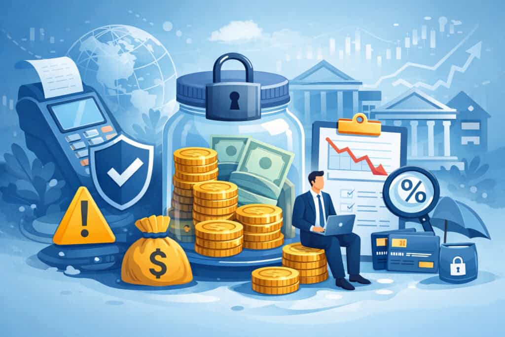 Illustration of reserve funds in payment processing showing locked money jar, stacked coins, financial risk icons, POS terminal, and business analytics symbols representing security and chargeback protection