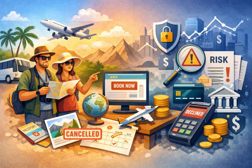 Illustration of tour operators managing travel bookings alongside payment processing risks, featuring tourists, booking system, cancellations, security icons, and declined transactions