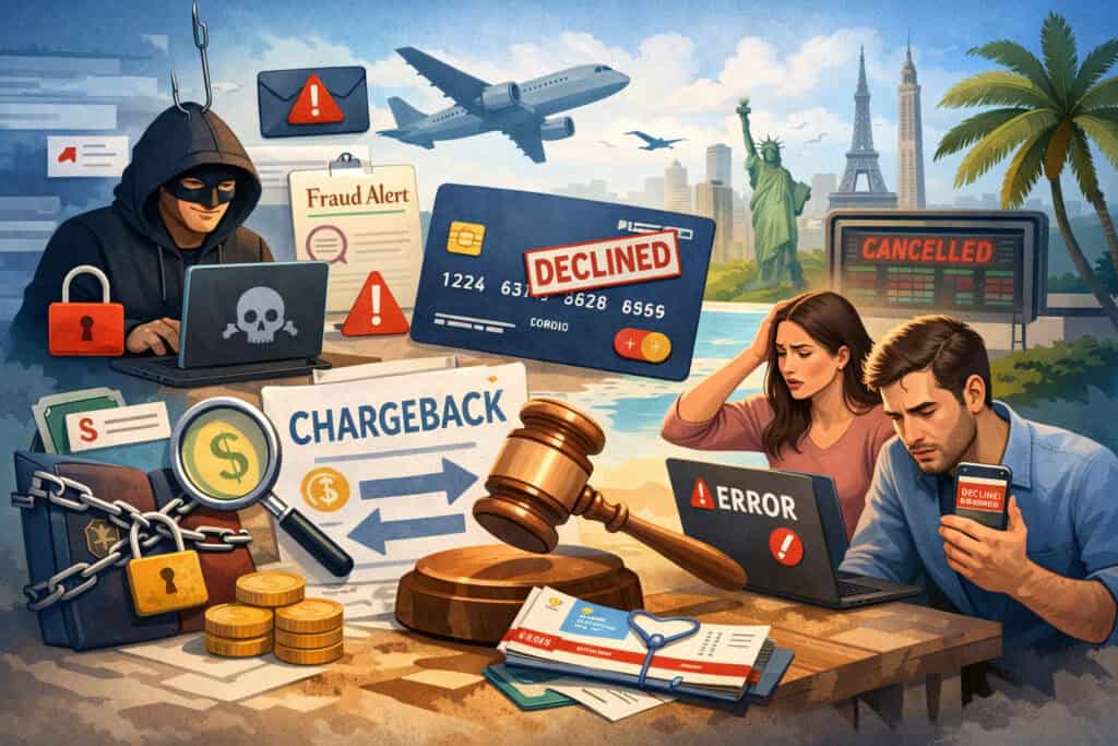 Illustration of travel payment fraud and chargeback risk showing hacker, declined card, canceled trip, and distressed travelers with security warning icons