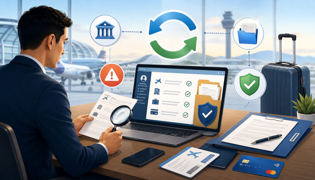 Travel merchant reviewing chargeback representment documents