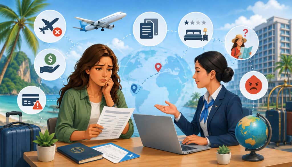 Travel agency chargeback dispute illustration with booking, refund, cancellation, and payment issue icons