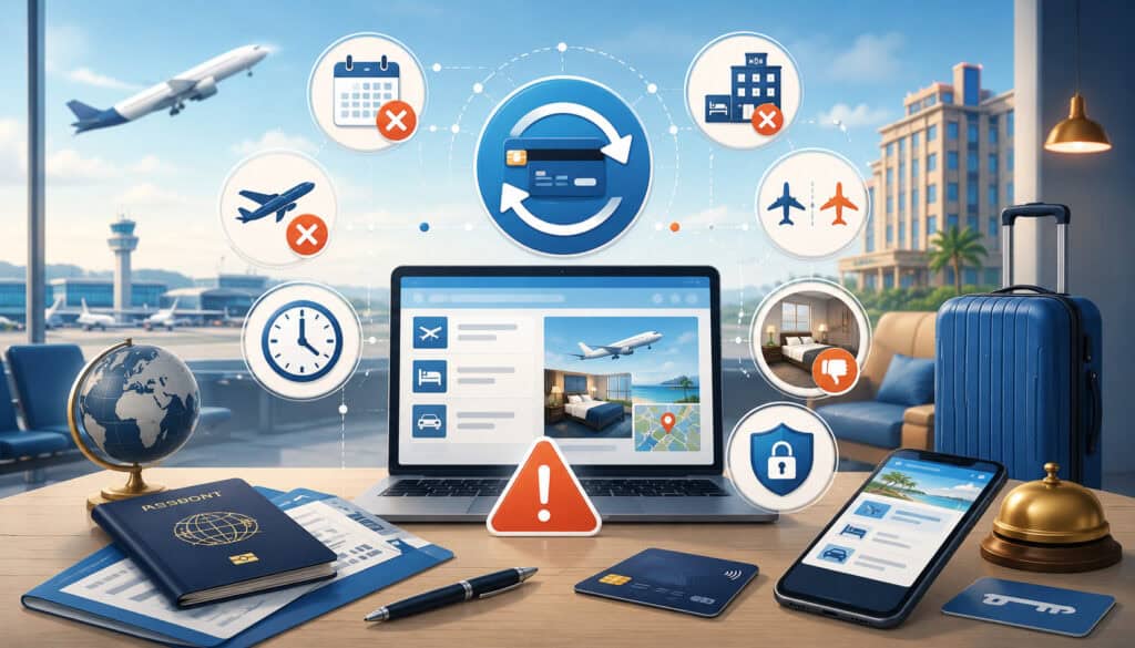 Travel chargeback causes with booking, cancellation, refund, and payment dispute icons