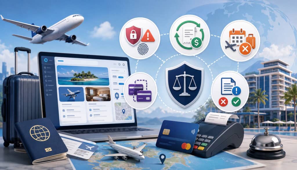Travel chargeback categories with booking, payment, and dispute icons