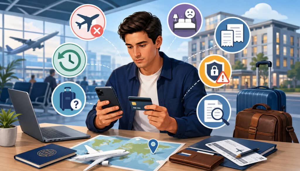 Travel chargeback reasons with payment dispute and booking issue icons