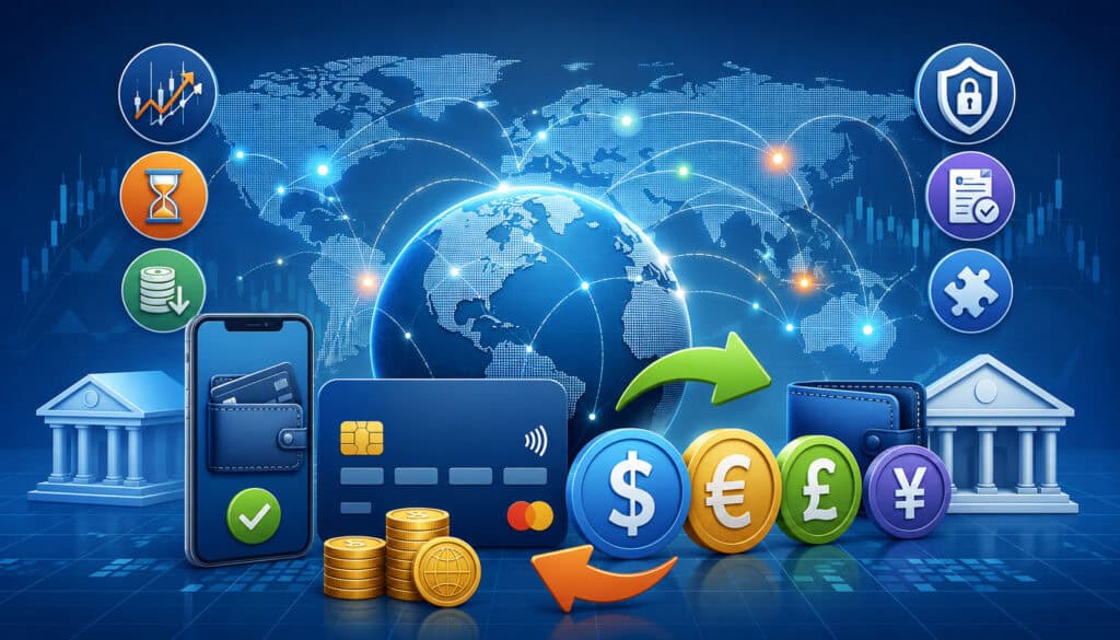 Global multi-currency payment network illustration
