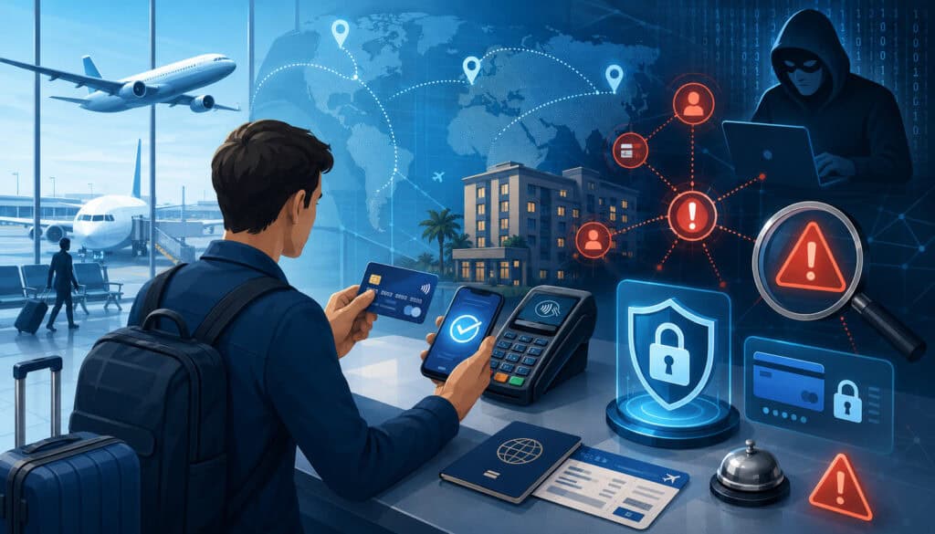 Travel payment fraud risk and cybersecurity protection illustration