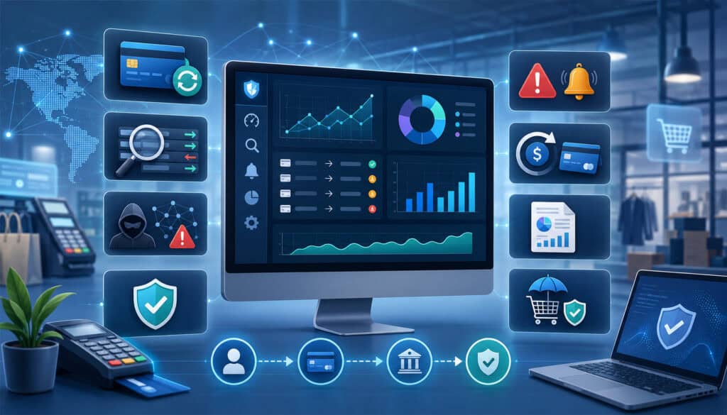 Chargeback monitoring software dashboard with fraud alerts and secure payment icons