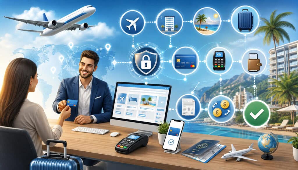 Travel agency payment processing and booking flow illustration