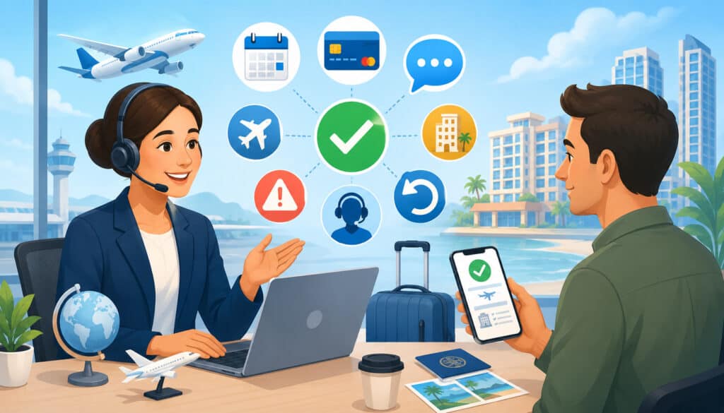 Travel agent confirming booking details with customer to prevent chargebacks