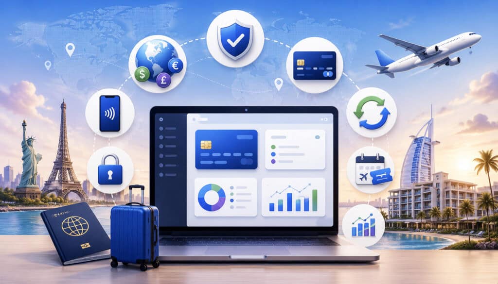 Travel merchant account features with payment security and booking icons