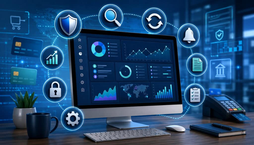 Chargeback management dashboard with fraud prevention and dispute tracking icons