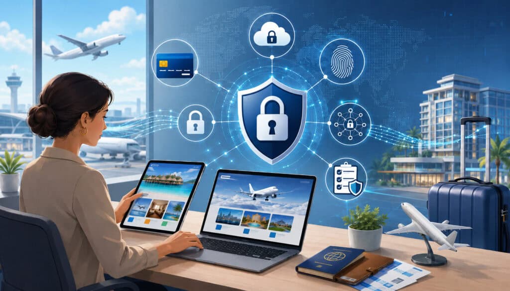 Travel merchant payment security and PCI DSS compliance illustration