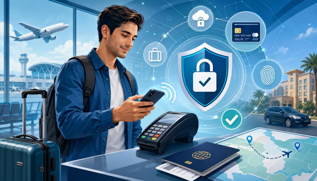 Secure mobile travel payment with PCI compliance icons