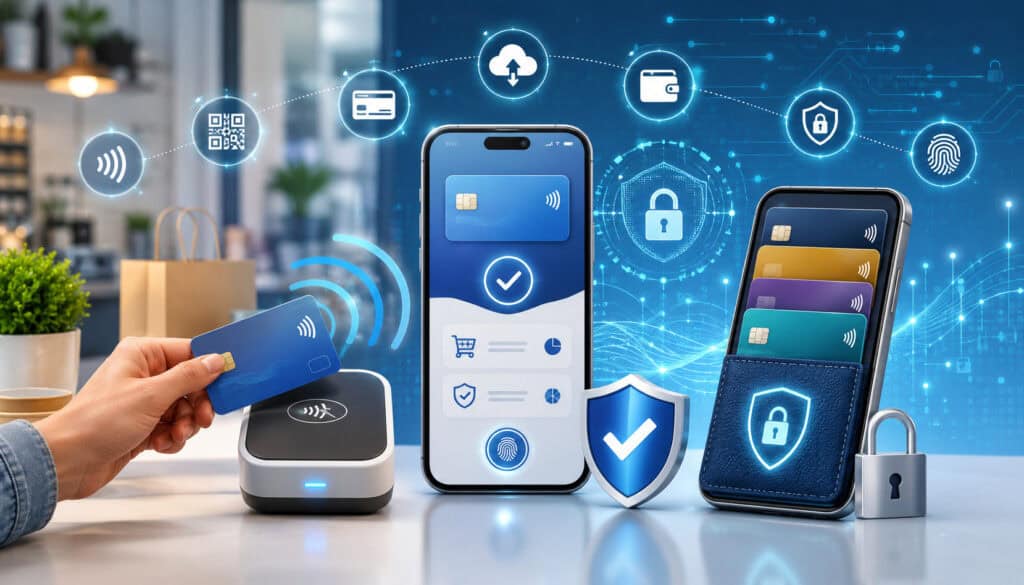 Secure mobile card reader with digital wallet and payment security icons