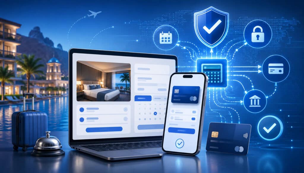 Secure online booking payment gateway with travel icons