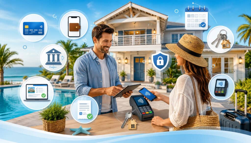 Vacation rental guest using mobile payment at check-in