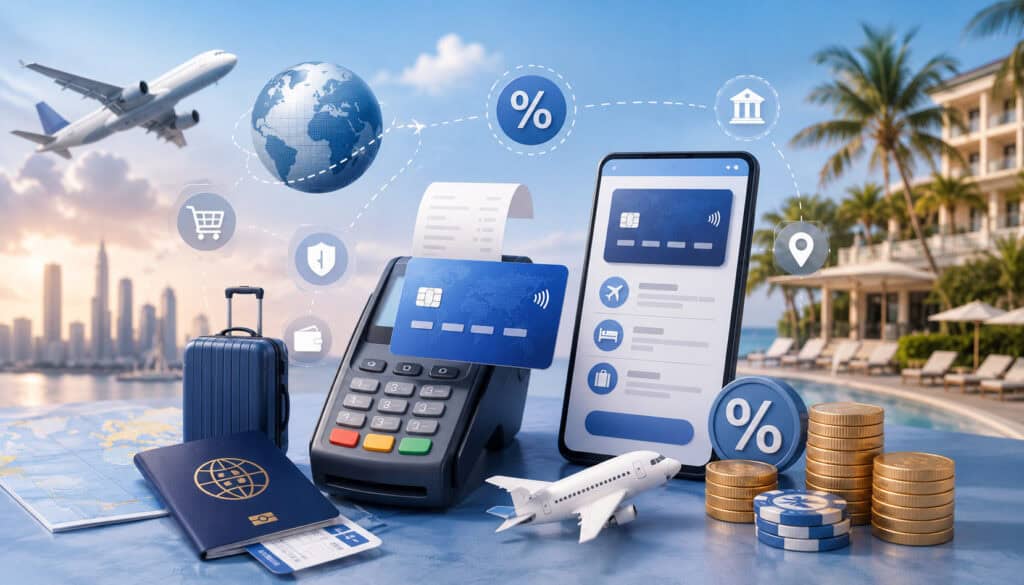 Travel merchant processing fees illustration with payment terminal, cards, coins, and travel icons