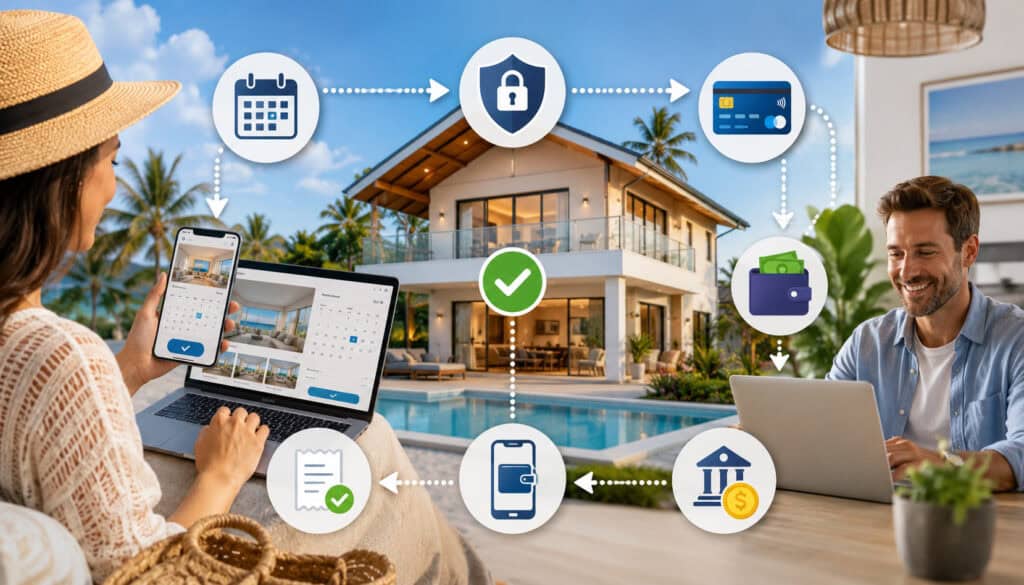 Vacation rental payment flow illustration with booking, secure checkout, and payout icons