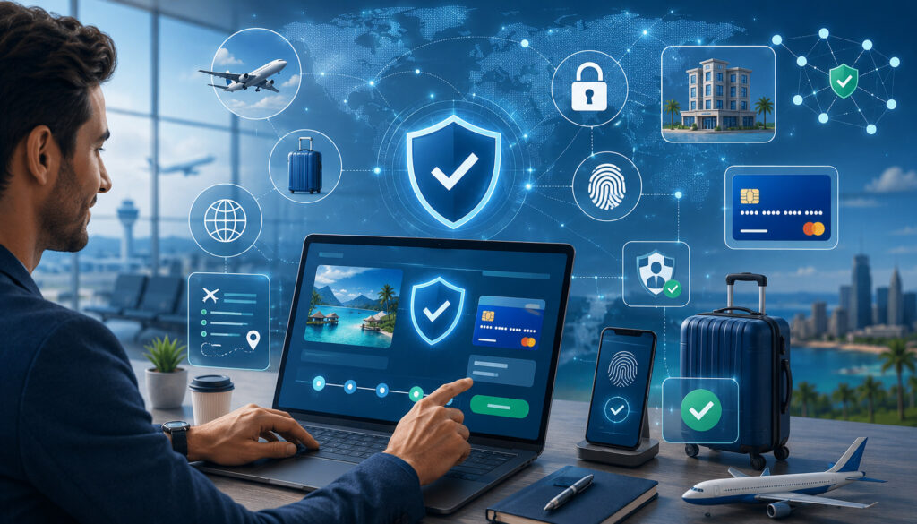 Secure travel payment gateway illustration