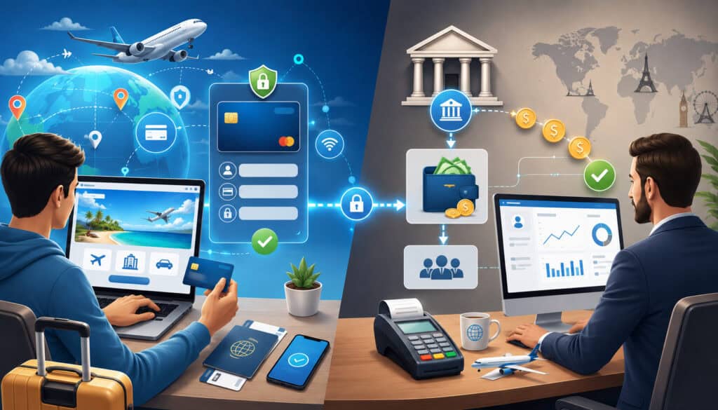 Travel payment gateway and merchant account illustration