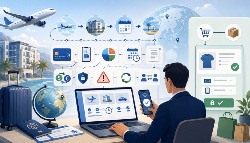 Travel payment complexity with booking and security icons